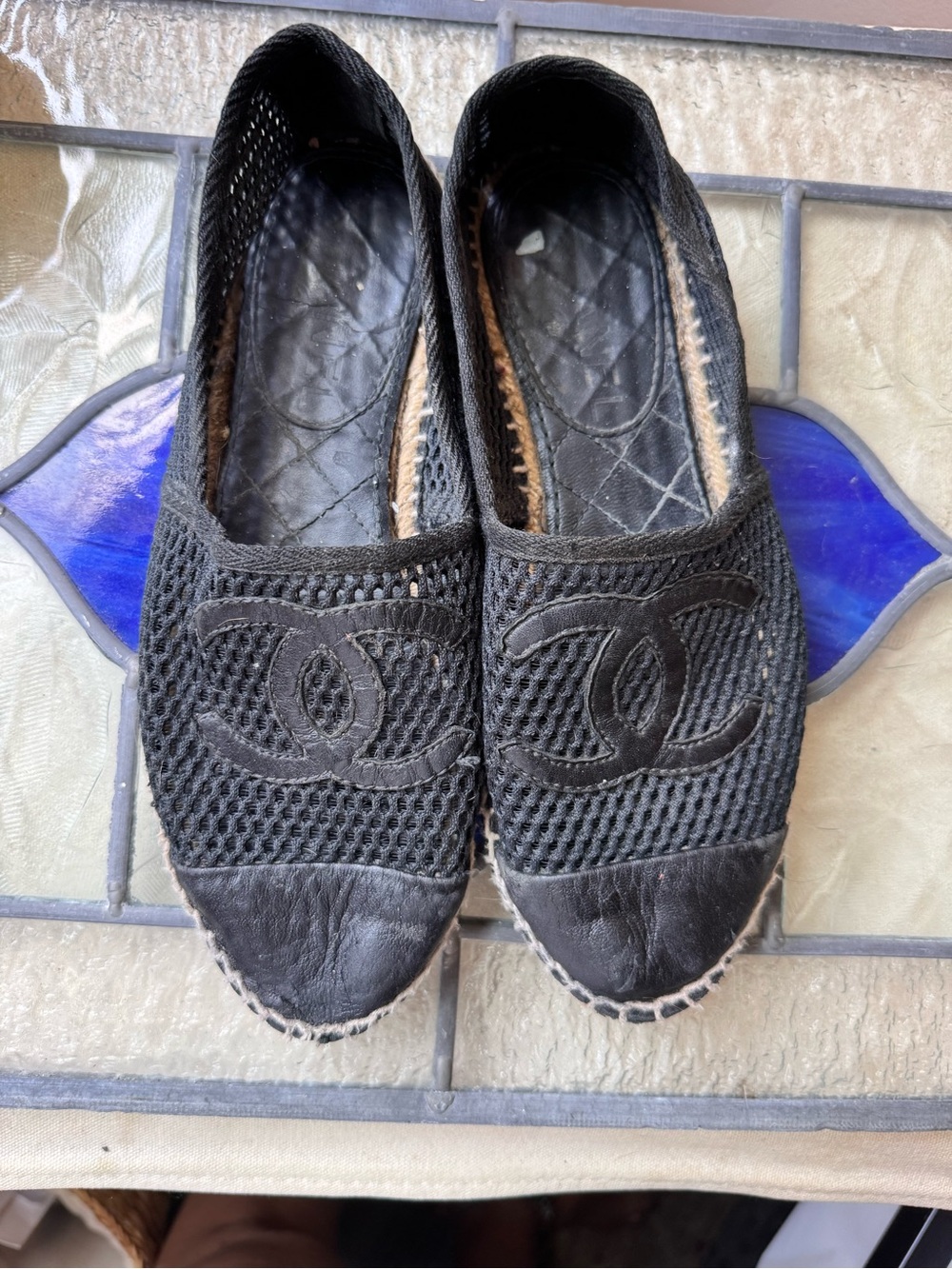 CHANEL Black Mesh & Leather Espadrille Flats